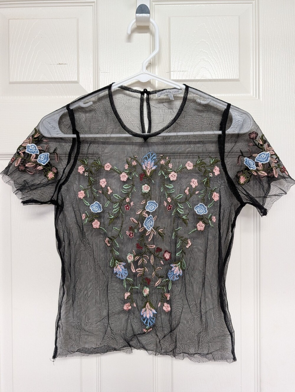Vintage Y2K Charlotte Russe Mesh Floral Sheer Embroidered Top Tee XS Whimsigoth